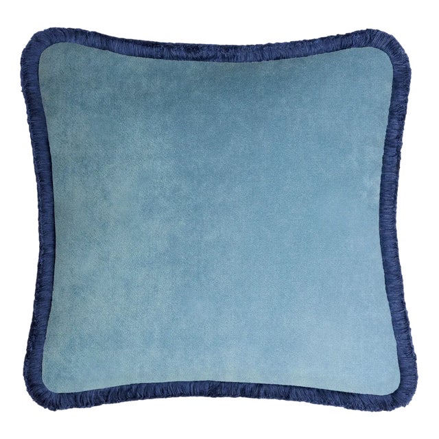 Happy Cushion Cover in Velvet Light Blue with Blue Fringes For Sale