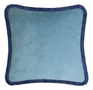 Happy Cushion Cover in Velvet Light Blue with Blue Fringes