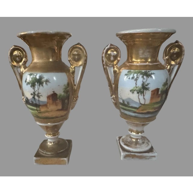 Pair of Antique Old Paris Porcelain Portrait & Scenic Gilt Decorated Miniature Cabinet 6.5" Vases For Sale - Image 4 of 12