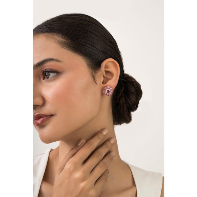 Art Deco 6.55ct Ruby Pink Sapphire & Diamond Cluster Victorian Stud Earrings in 14k Gold- A Pair For Sale - Image 3 of 14