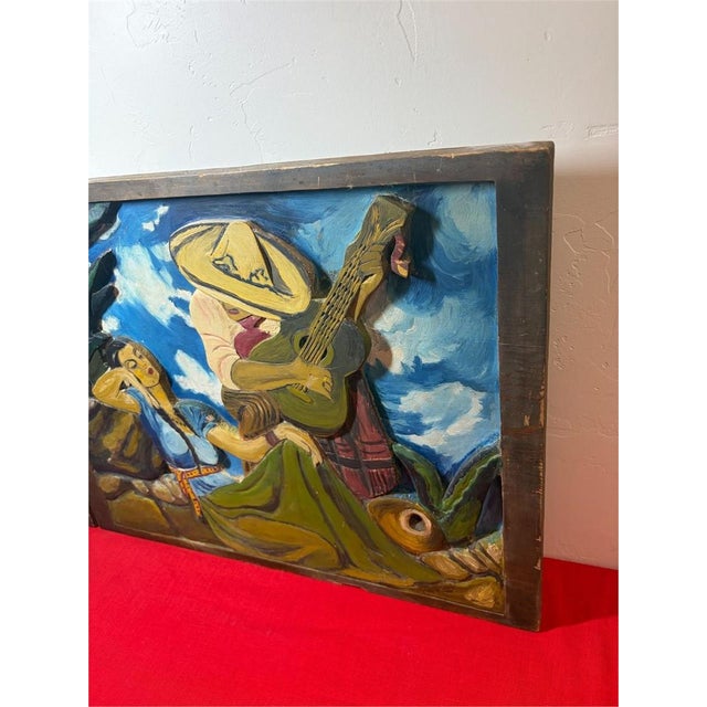 Mid 20th Century Mid-Century Mexica​n Relief-Carved Wood​ Panels - Charro & Serenade Folk Art Pair 20" For Sale - Image 5 of 18