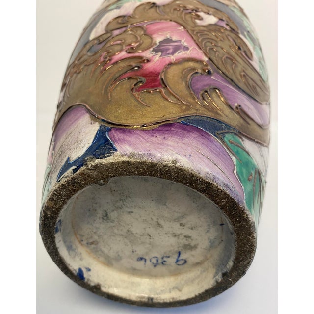 Early 20th Century Antique Japanese Satsuma Style Moriage Cobalt Blue Floral Double Handle Vase For Sale - Image 5 of 9