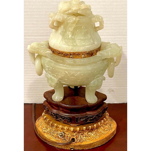 Brown Chinese Carved Green Quartz Censor, Now as a Lamp For Sale - Image 8 of 12