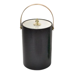 1960s Kraftware Black Faux Alligator Texture Leather Insulated Ice Bucket Acorn Knob