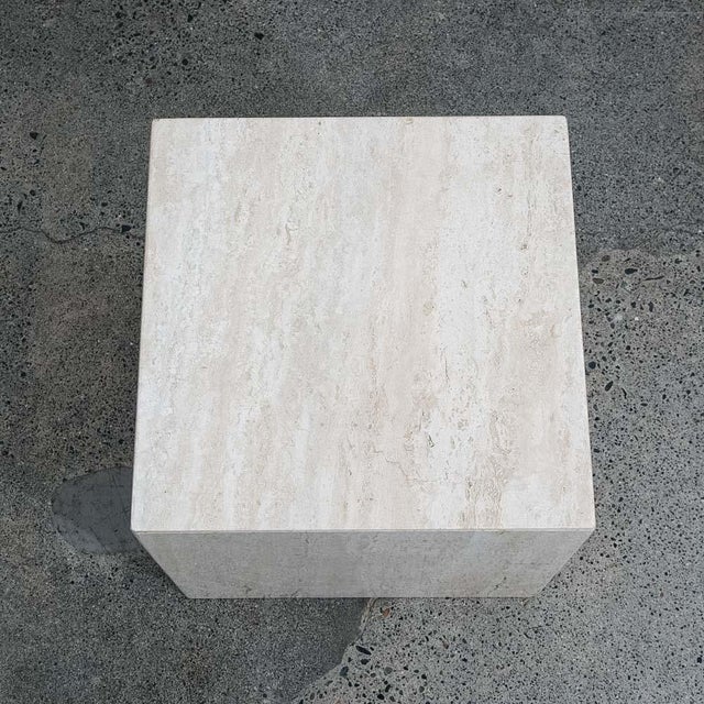 1970s Mid Century Modern Side Table Square Travertine Stone White End Nightstand MCM For Sale - Image 4 of 12