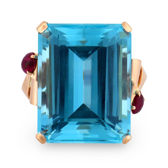 Mid-Century Modern Mid 20th Century Retro 51.29 Carat Aquamarine Ruby 14k Rose Gold Cocktail Ring, Size 7.75 For Sale - Image 3 of 6