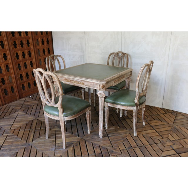 Neoclassical 1930s Italian Neoclassical Leather-Top Game Table Set With Four Chairs For Sale - Image 3 of 18