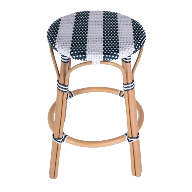 Spritely Home Accent Furniture Tobias 24 in. Seat Height Round Rattan Backless Counter Stool, White/Navy Stripe/ Natural Rattan Frame For Sale - Image 4 of 7
