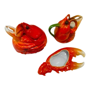 Early 20th Century Royal Bayreuth Lobster Sugar, Cream and Spoon Ceramic Dish Set- 3 Pieces