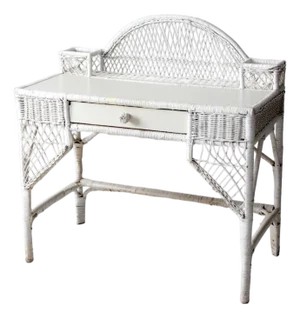 Vintage American White Wicker Desk With Drawer
