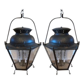 Extra Large Black Patina Copper With Seeded Glass Lanterns From Genie House- a Pair For Sale