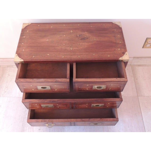 Campaign Mid 20th Century Vintage Decorative Wooden Brass Inlaid Campaign Chest For Sale - Image 3 of 12