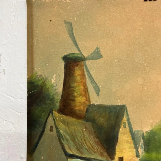 AMBIANIC presents Vintage Distressed Art Watercolor Scenic Lake Windmill Boat Scene 14.25 x 20.15 Signed, unable to read....