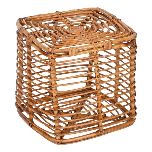 Mid-Century Rattan and Wicker Square Pouf Stool by Tito Agnoli, Italy, 1970s For Sale