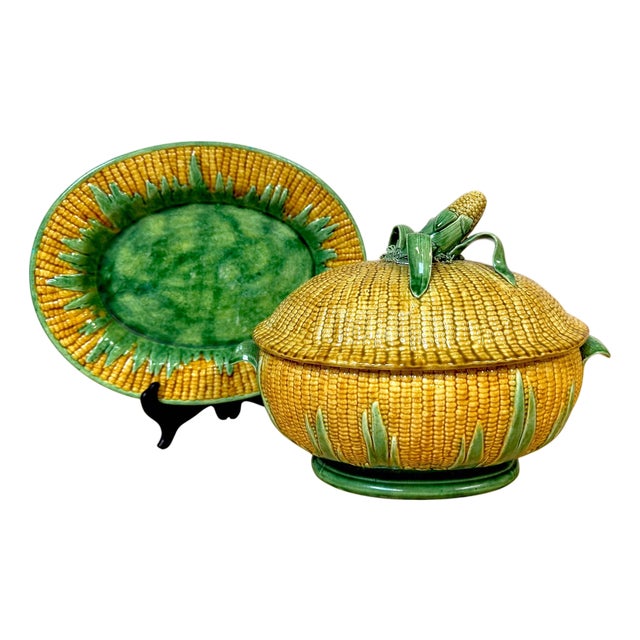 Portuguese Majolica Corn Motif Tureen & Platter, by José A. Cunha For Sale