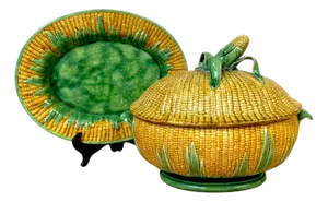 Portuguese Majolica Corn Motif Tureen & Platter, by José A. Cunha