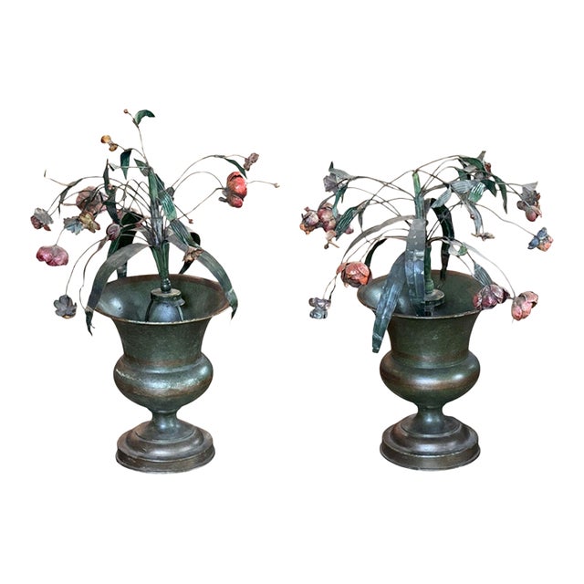 Pair of Tole Flower-Filled Urns For Sale