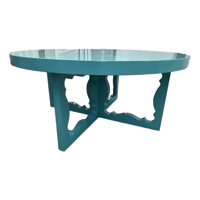 Turquoise Blue Mid Century Round Wood Coffee Cocktail Table Attributed to Dorothy Draper For Sale