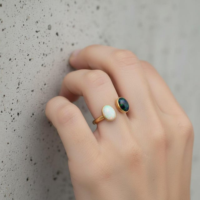 Toi Et Moi Gemstone Ring: White Opal and Black Opal, Size 7.5 For Sale - Image 6 of 9