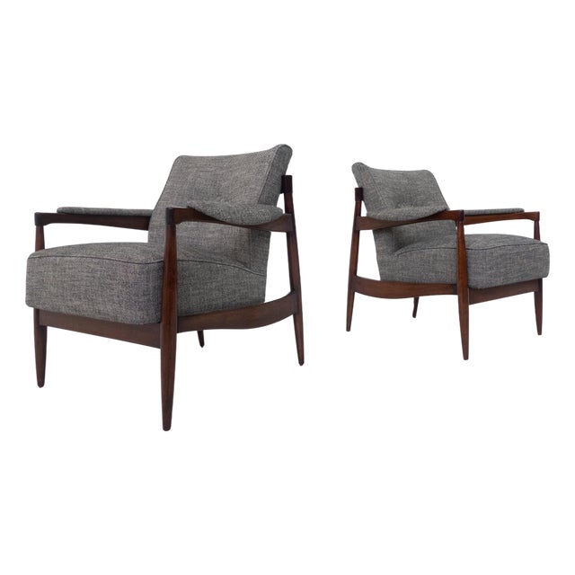 Set of Mid-Century Modern Armchairs in Wood and Grey Fabric, Italy, 1960s For Sale