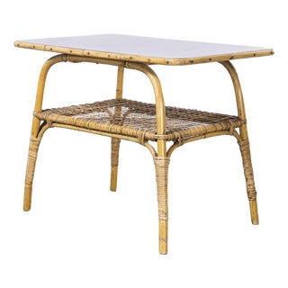 French Rattan Side Table with Laminate Top, 1950s For Sale