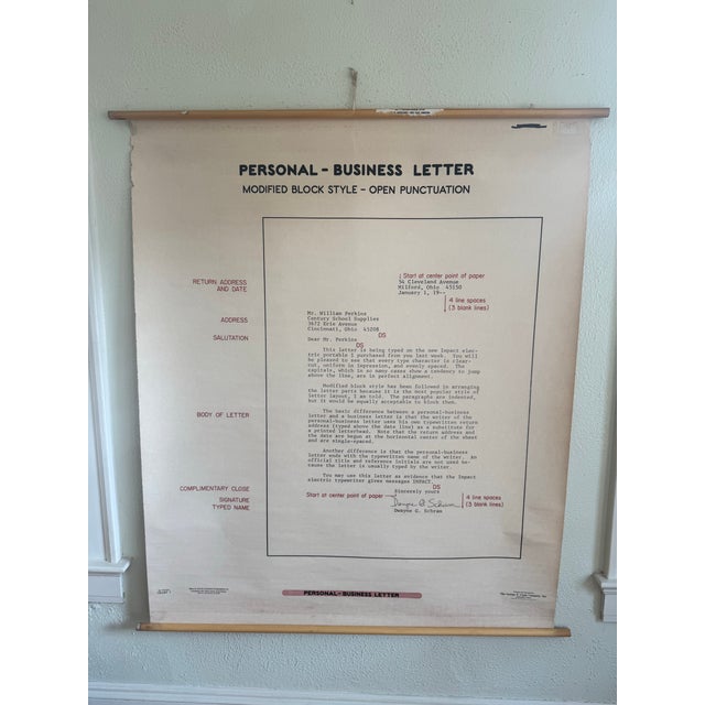 Original mid-century classroom instructional chart illustrating manuscript formatting and typewriter techniques. Produced...