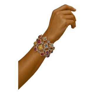 Bochic "Capri" Vintage Ruby & Multi Color Gem & Sapphire Bangle Set 18K Gold & Silver For Sale