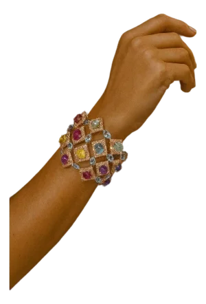 Bochic "Capri" Vintage Ruby & Multi Color Gem & Sapphire Bangle Set 18K Gold & Silver