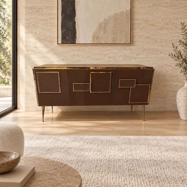 Three-Door Italian Sideboard in Chocolate Glass and Brass from Justfurnituress SRL For Sale - Image 9 of 10