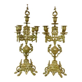 Vintage Brass Italian Brevettato Styled Candelabras - A Pair For Sale