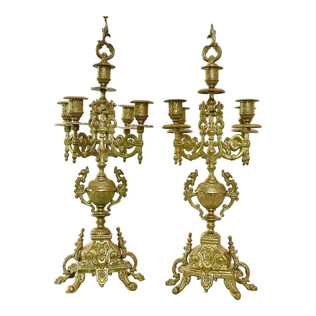 Vintage Brass Italian Brevettato Styled Candelabras - A Pair For Sale
