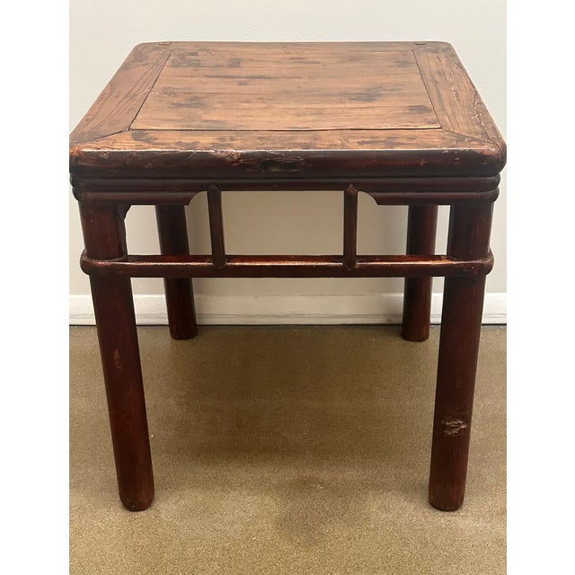 Late 19th Century Chinese Antique Square Elm Stool / Table With Round Legs, Circa 1890. For Sale - Image 5 of 15