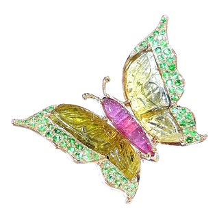 Bochic “Orient” Carved Tourmaline & Tsavorite Ring Set in 18k Gold & Silver Size 8.5 For Sale