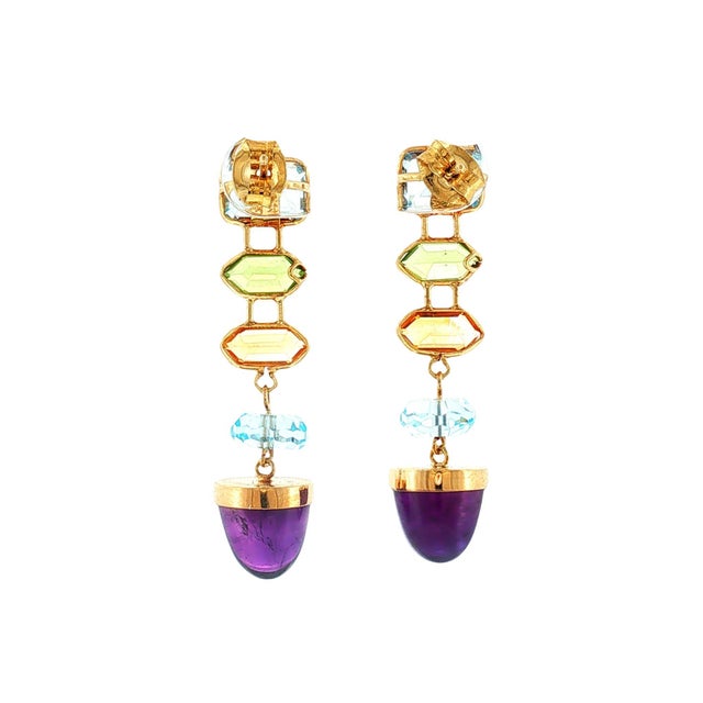 Contemporary Late 20th Century 14k Yellow Gold Topaz, Peridot and Amethyst Drop Earrings, Pair For Sale - Image 3 of 4