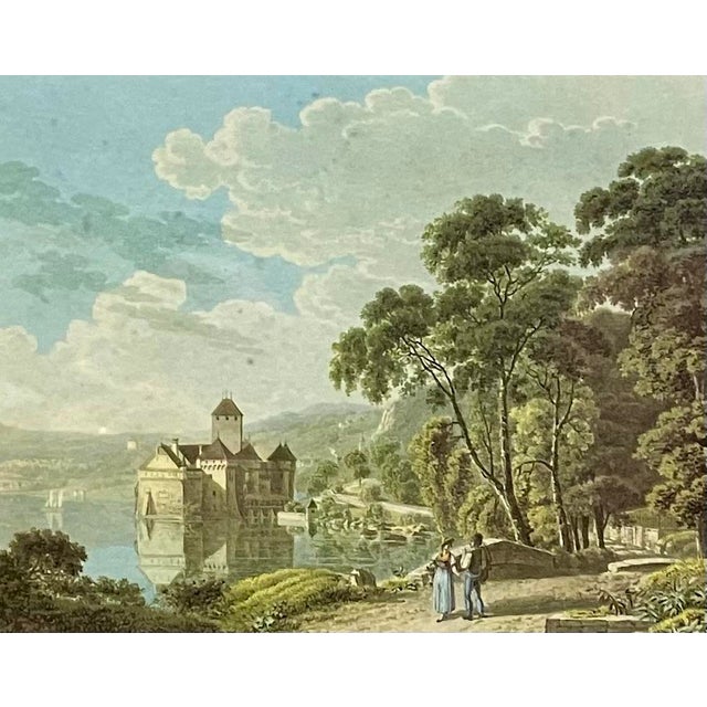 Beautifully framed print of Chillon Castle. Chillon Castle is located on a rock on the banks of Lake Geneva. The water...