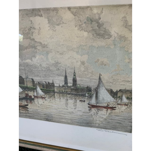 Pair of Friedrich Traulsen (1887–1971) Nautical Etchings Steamboats Tugboats and Sail Boats For Sale - Image 4 of 6