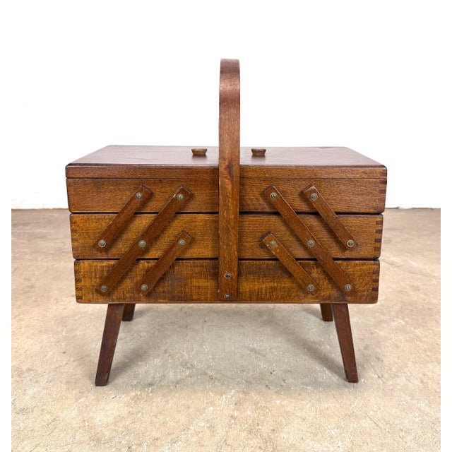 1960’s Mid Century Modern Expanding Wooden Sewing Box For Sale - Image 12 of 12