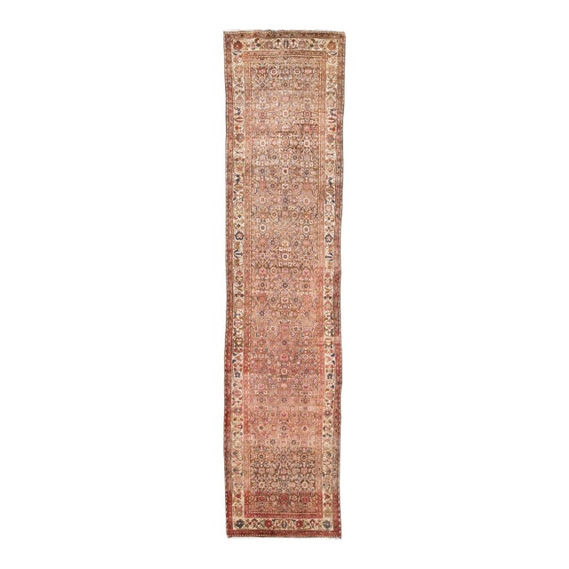 1960s Vintage Persian Hamadan Distressed Rust Handmade All-Over Wool Runner For Sale