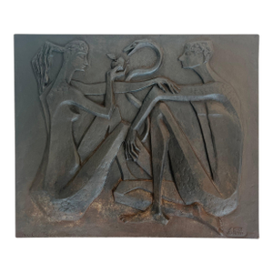 Modernist fireback depicting Adam and Eve, the apple and the serpent