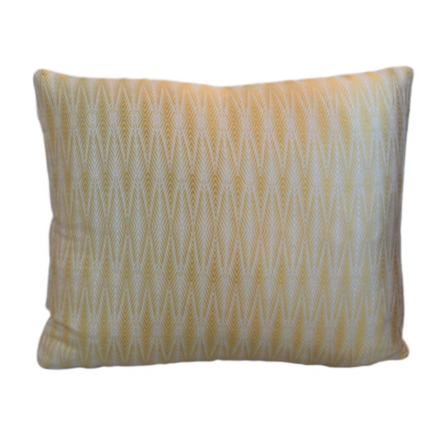 Custom-tailored designer pillow in a yellow/gold and cream abstract design. Cream colored cotton velvet back. New plump...