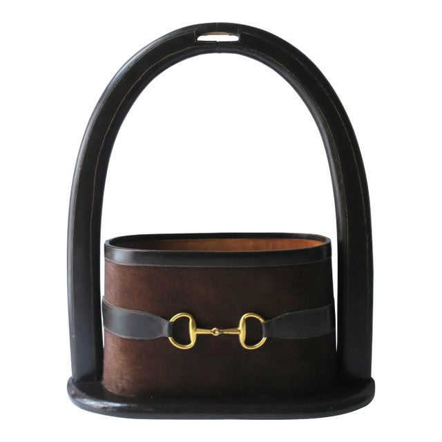 Gucci Attrib. Italian Leather Brass Bit Magazine Mail Holder For Sale