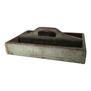 19th Century Primitive Rustic Tool or Tote Tray in Verdigris Green Paint For Sale