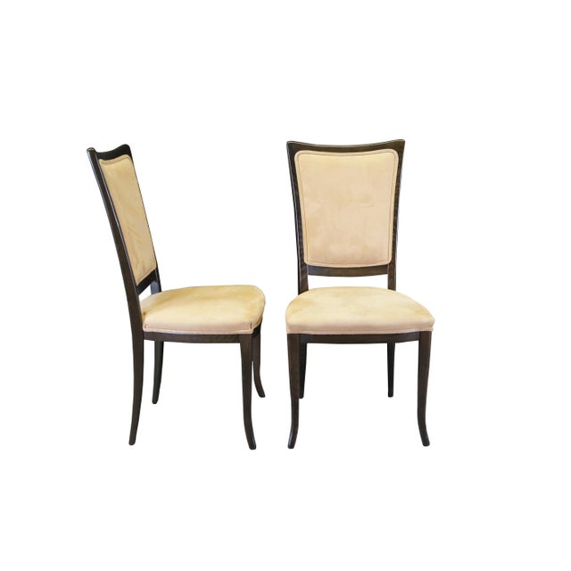 Four vintage modern Italian Parsons dining chairs featuring dark oak frame with suede upholstery. Made in Italy....