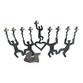 1990s Modernist Cut Steel Art Menorah Dancing Figures For Sale