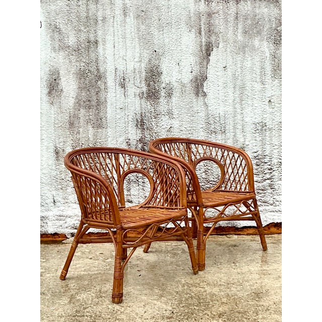 Vintage Boho Woven Rattan Lounge Chairs- A Pair For Sale - Image 10 of 10