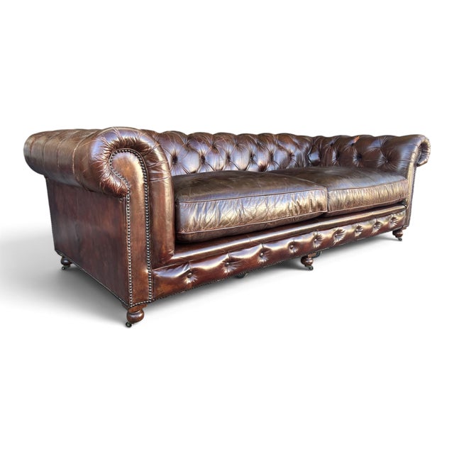 Wood Restoration Hardware Chesterfield Cognac Leather Sofa With Brass Nailhead & Casters For Sale - Image 7 of 16