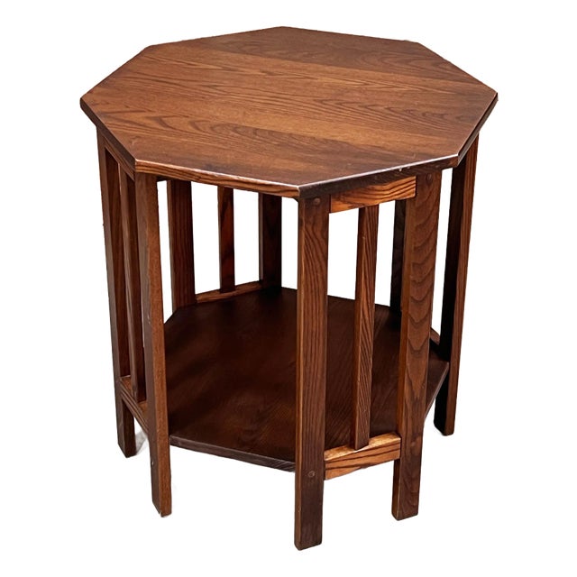 Vintage Solid Oak Mission Arts & Crafts Octagonal Side / Lamp Table For Sale