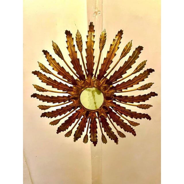Large Spanish Sunburst Flush Mount in Gilt Metal with Support, 1950 For Sale - Image 9 of 10