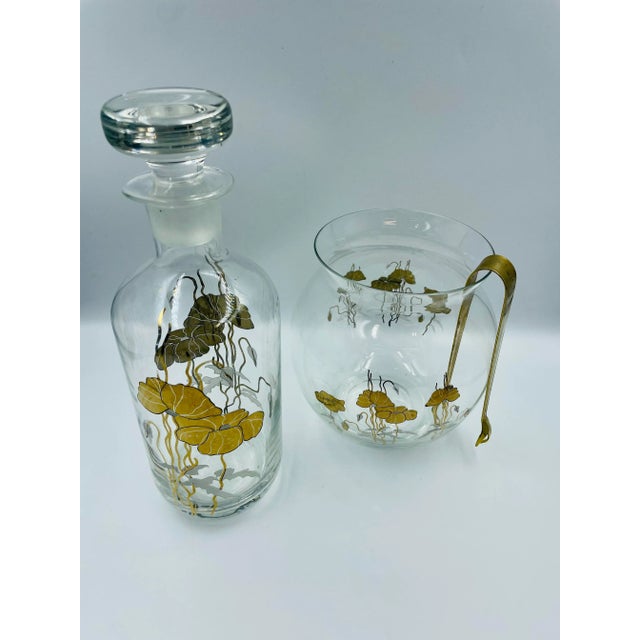 Mid 20th Century Opulent Orchids Gold Leaf Motif Decanter & Ice Bowl- 3 Pieces For Sale - Image 4 of 13