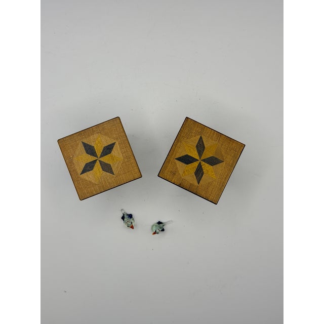 Late 20th Century Vintage Shackman 1:12 Miniature Side Tables Pair With Hand-Blown Glass Bird Figurines, Made in Japan For Sale - Image 5 of 6